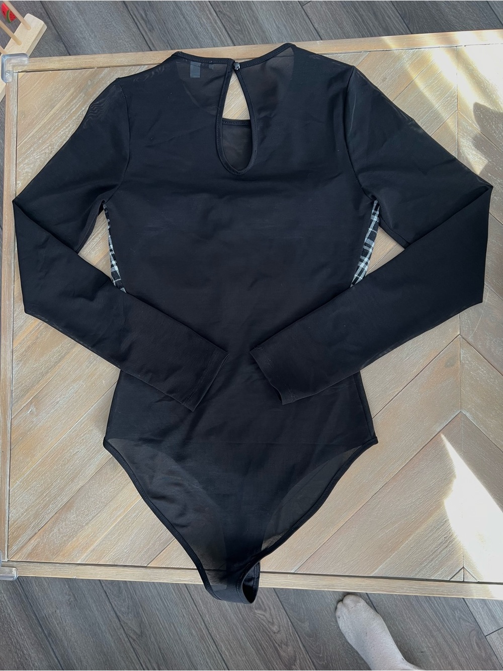 💫2/$20 Black mesh bodycon long sleeve bodysuit with lace up plaid bust panel - Picture 2 of 6